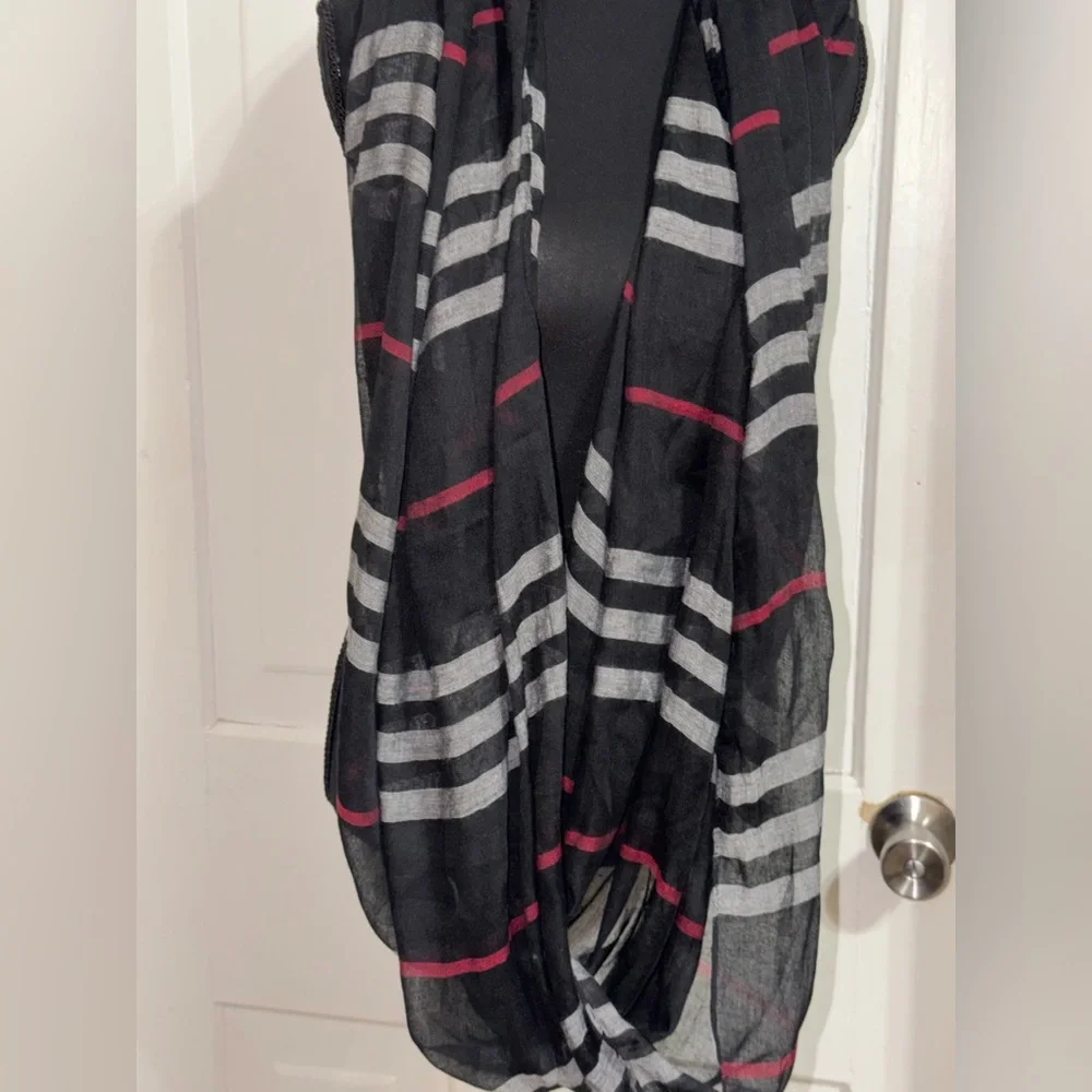 NWT Black and Gray Striped Infinity Scarf with Red‎ Accents